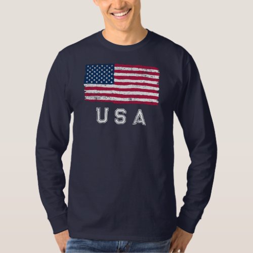 Vintage Look US Flag White Text Long Sleeve T_Shirt