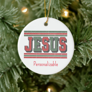 Vintage Look Varsity Letters JESUS Red Green Chris Ceramic Ornament