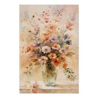 Vintage look watercolor flowers in glass vase poster