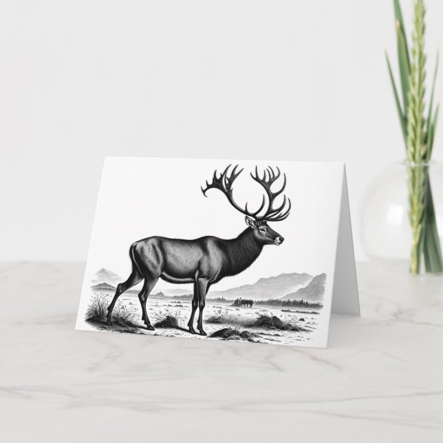 Vintage-Looking Engraving of a Reindeer Birthday Card (Front)