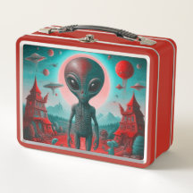 Vintage looking lunch box with alien print