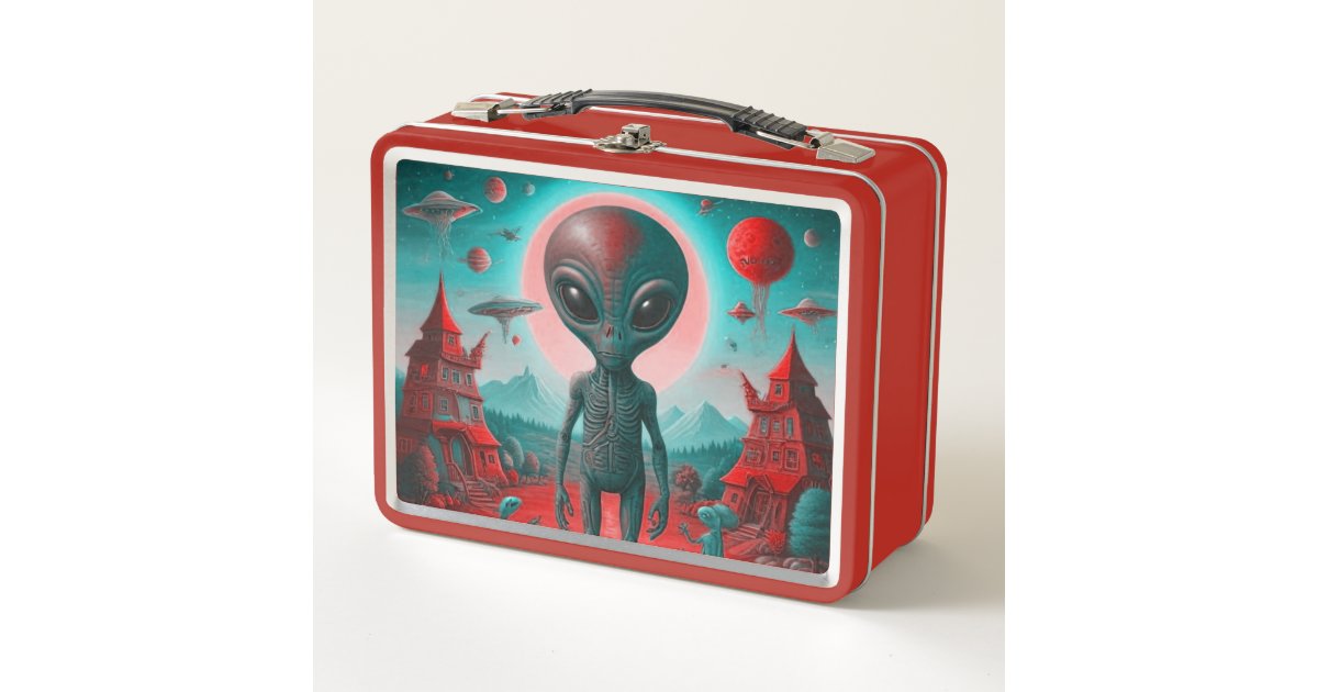 Vintage looking lunch box with alien print | Zazzle