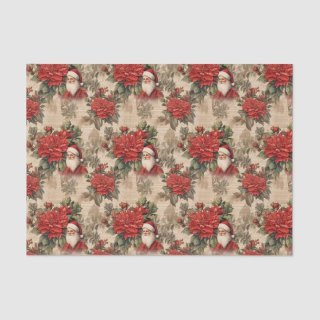 Vintage Looking Santa & Poinsettia Flower Pattern Tissue Paper (Front)
