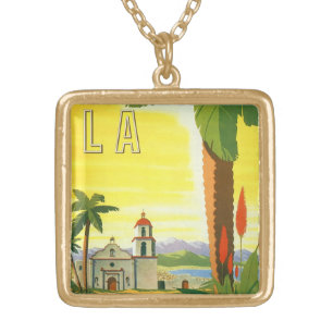 Vintage Los Angeles, California Mission with Palm Gold Plated Necklace