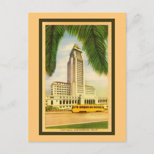 Vintage Los Angeles City Hall streetcar Postcard