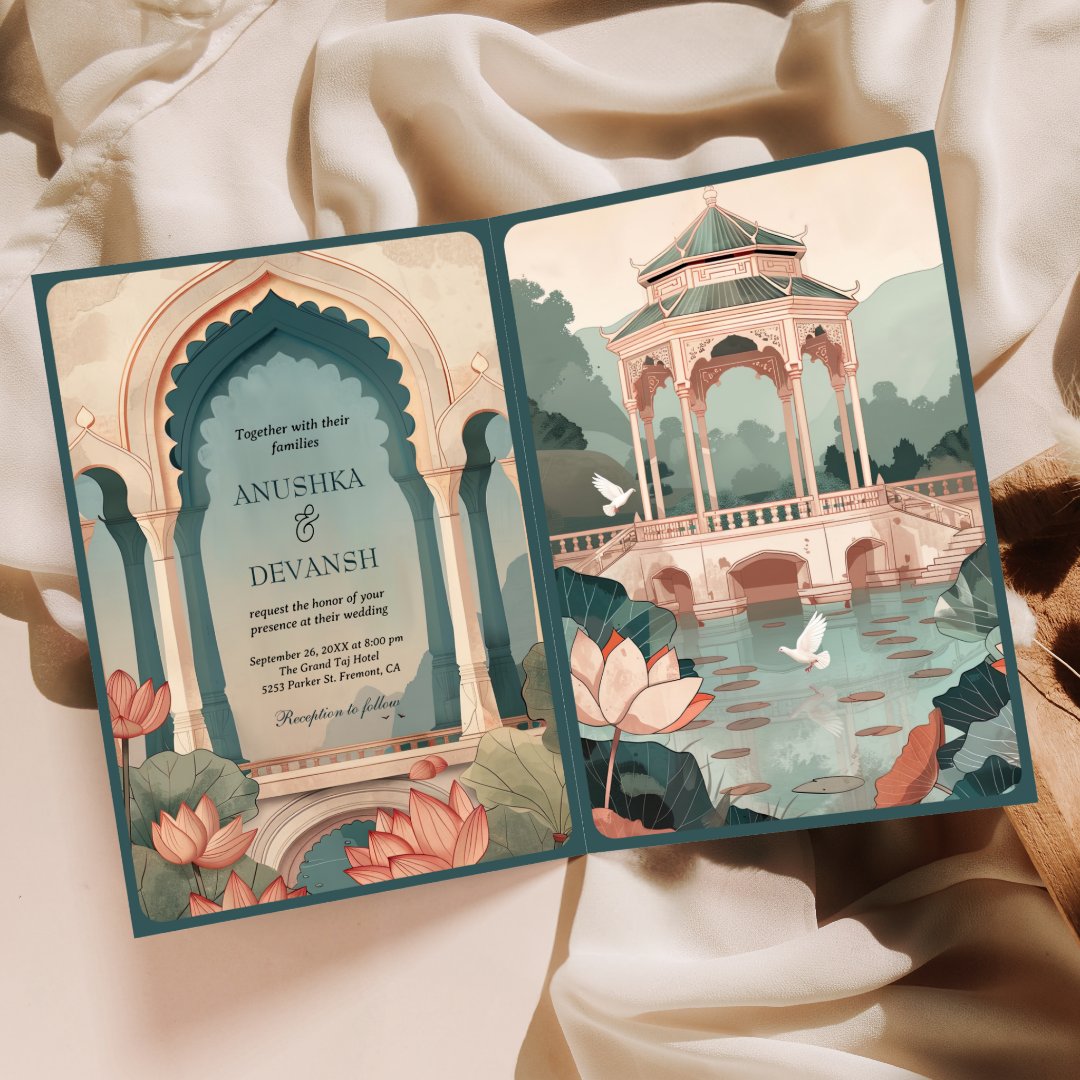 Vintage Lotus Pond Rustic Indian Palace Wedding Invitation (Creator Uploaded)