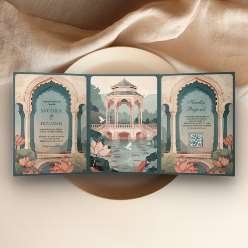 Vintage Lotus Pond Rustic Indian Palace Wedding Tri_Fold Invitation