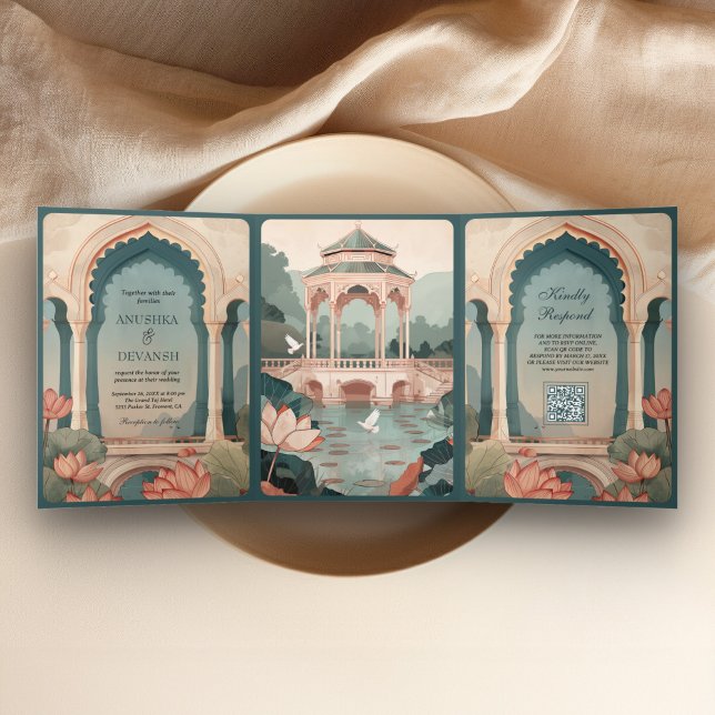 Vintage Lotus Pond Rustic Indian Palace Wedding Tri-Fold Invitation (Creator Uploaded)