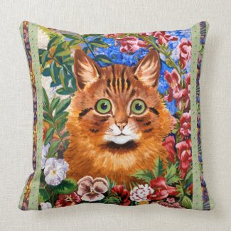 Vintage Louis Wain Brown Flower Cat Throw Pillow throwpillow
