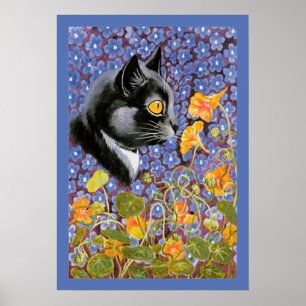 Vintage Louis Wain Cat in a Sea of Flowers Poster