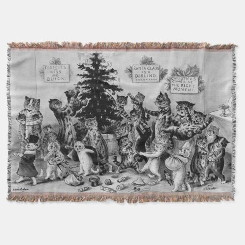 Vintage Louis Wain Cats Celebrating Christmas Throw Blanket