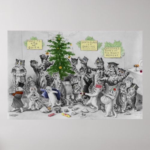 Vintage Louis Wain Cats Christmas Party Poster