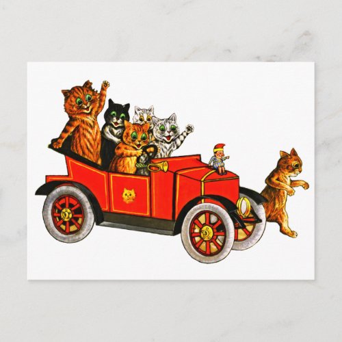 Vintage Louis Wain Cats in Car Illustration Postcard