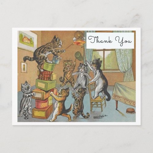 Vintage Louis Wain Funny Cats and Canary Thank You Postcard