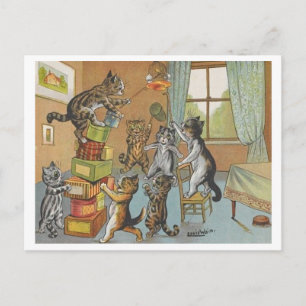 Vintage Louis Wain Funny Cats Pursue Canary Postcard
