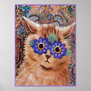 Vintage Louis Wain Hippie Flower Cat Art Poster