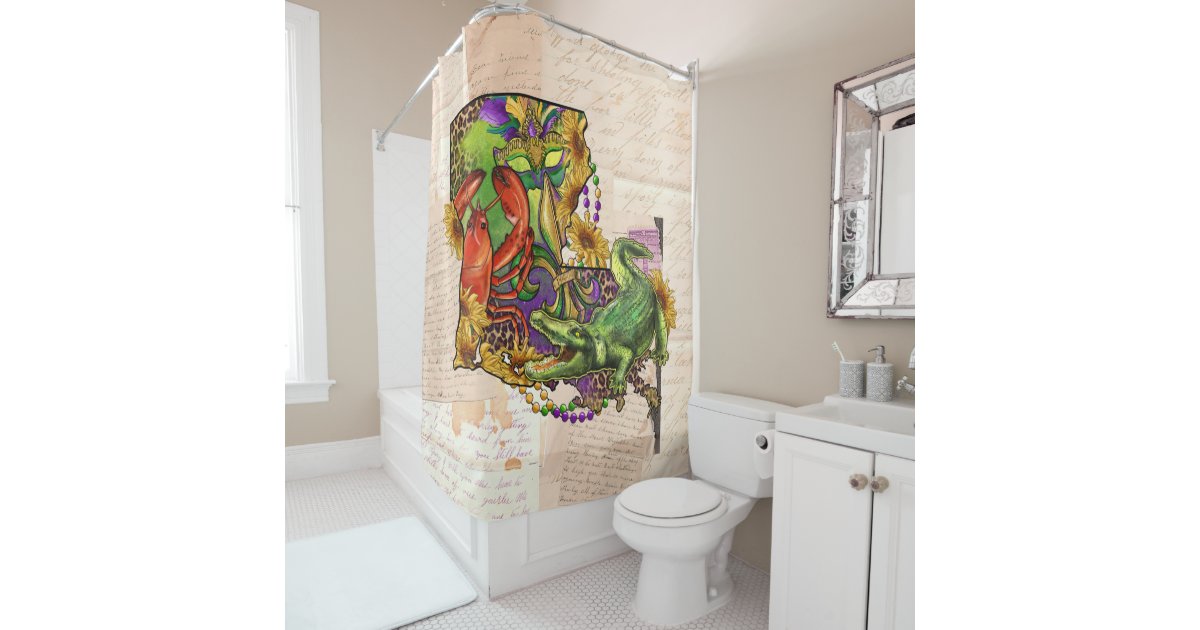 Vintage Louisiana Map Cajun Crawfish And Alligator Shower Curtain