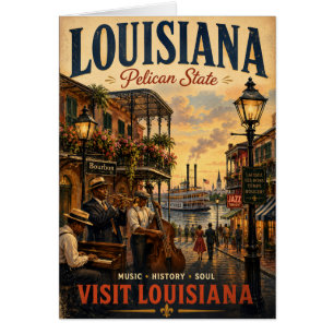 Vintage Louisiana Travel Poster with Jazz Musician Cards