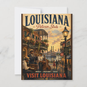 Vintage Louisiana Travel Poster with Jazz Musician Note Card