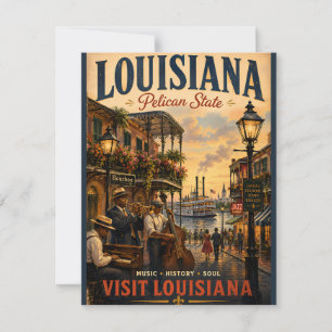 Vintage Louisiana Travel Poster with Jazz Musician Note Card