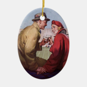Vintage Love and Romance, Couple at Football Game Ceramic Ornament