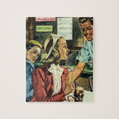 Vintage Love and Romance Lady at the Soda Shop Jigsaw Puzzle