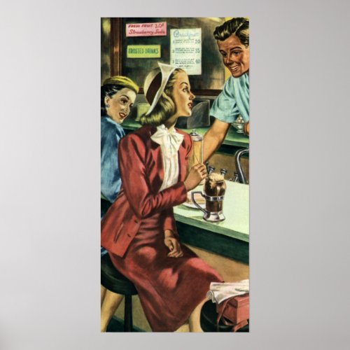 Vintage Love and Romance Lady at the Soda Shop Poster