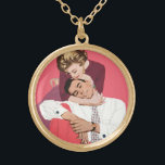 Vintage Love and Romance, Newlyweds in Pink Gold Plated Necklace<br><div class="desc">Vintage illustration love and romance design featuring a happy newlywed couple hugging and snuggling. She is about to whisper a secret to her sweetheart.</div>