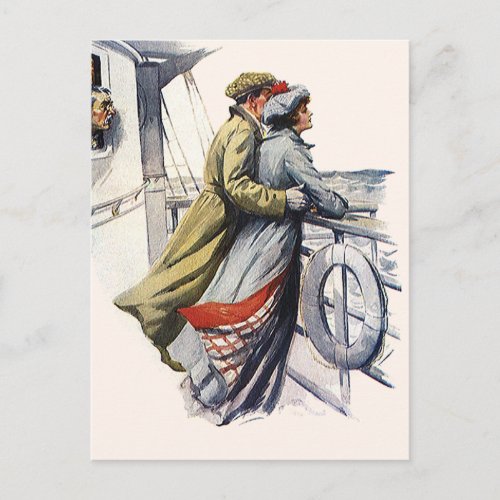 Vintage Love and Romance Newlyweds on Cruise Ship Postcard