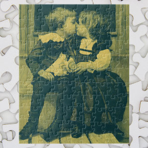 Vintage Love and Romance Photo, Children Kiss Jigsaw Puzzle