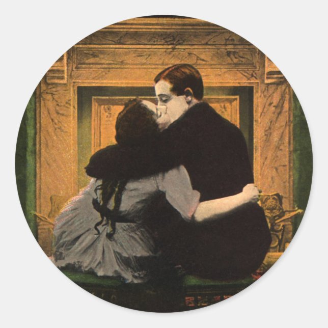 Vintage Love and Romance, Romantic Fireplace Kiss Classic Round Sticker (Front)
