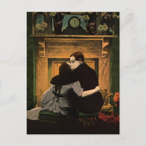 Vintage Love and Romance Romantic Fireplace Kiss Postcard