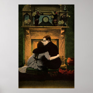 Vintage Love and Romance, Romantic Fireplace Kiss Poster