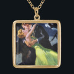 Vintage Love and Romance, Romantic Kiss Gold Plated Necklace<br><div class="desc">Vintage illustration love and romance image featuring a young happy newlywed couple,  the handsome groom is kissing his beautiful bride. They have left the wedding and are about to go on their honeymoon.</div>