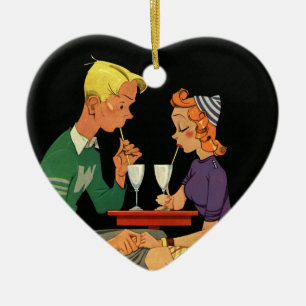 Vintage Love and Romance, Teens at the Soda Shop Ceramic Ornament