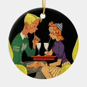 Vintage Love and Romance, Teens at the Soda Shop Ceramic Ornament