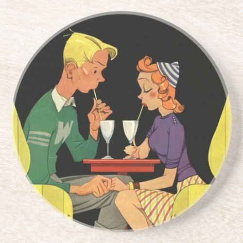Vintage Love and Romance Teens at the Soda Shop Coaster