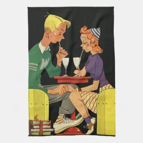 Vintage Love and Romance Teens at the Soda Shop Kitchen Towel