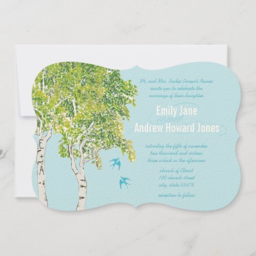 Vintage Love Bird Birch Tree Wedding Invitations