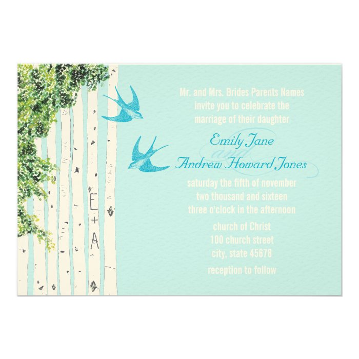 Vintage Love Bird Birch Tree Wedding Invitations
