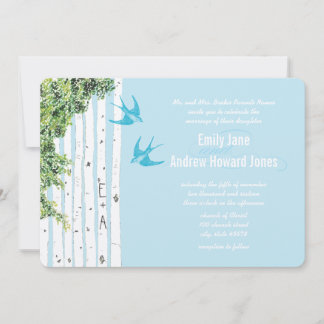 Vintage Love Bird Birch Tree Wedding Invitations
