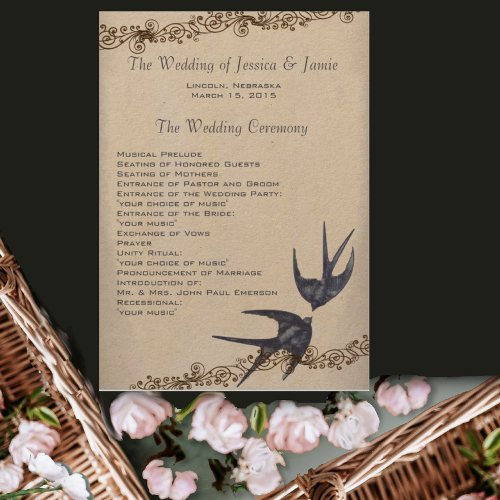 Vintage Love Bird Navy Wedding Program