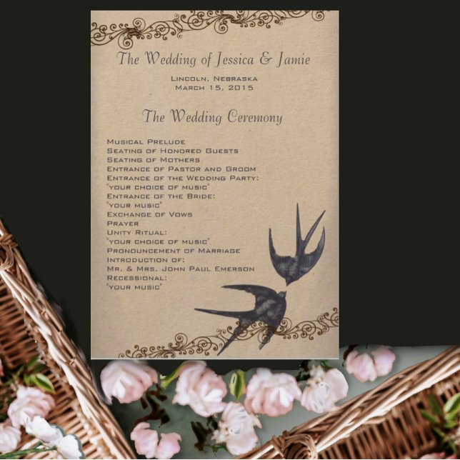 Vintage Love Bird Navy Wedding Program (Creator Uploaded)