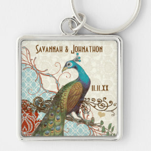 Vintage Love Bird Peacock Damask Wedding Key Chain
