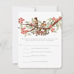 Vintage Love Bird Pink Floral Wedding RSVP Card