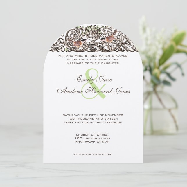 Vintage Love Bird Scroll Work Wedding Invitation (Standing Front)