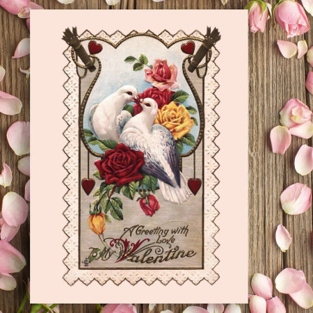 Vintage Love Birds And Roses Valentine Postcard