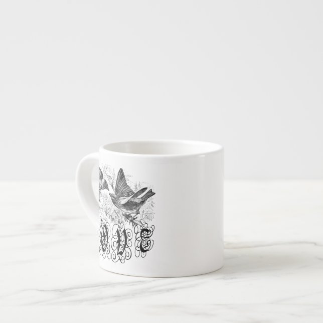 Vintage Love Birds Apparel and Gifts Espresso Cup (Front Left)