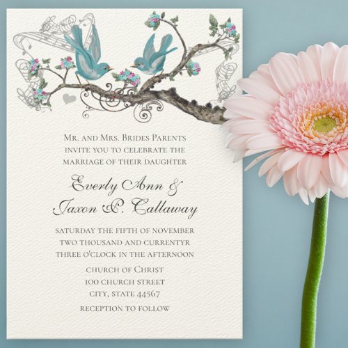 Vintage Love Birds Aqua Blue and Pink Wedding Invitation