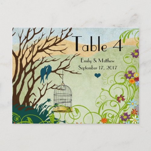 Vintage Love Birds  Bird Cage Wedding Number Card